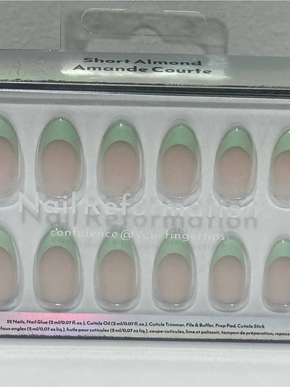 Short Almond Press-On Nails in Mint Tip and Nude Base - Nail Reformation